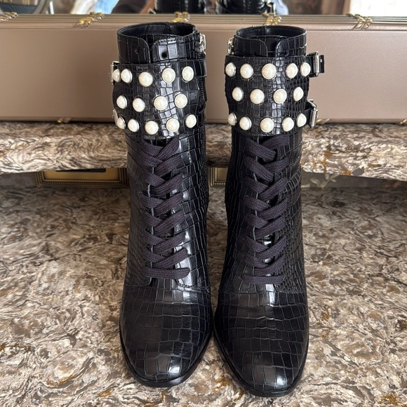 SCHUTZ CROCODILE-EMBOSSED LEATHER BOOTIE - Picture 1 of 7